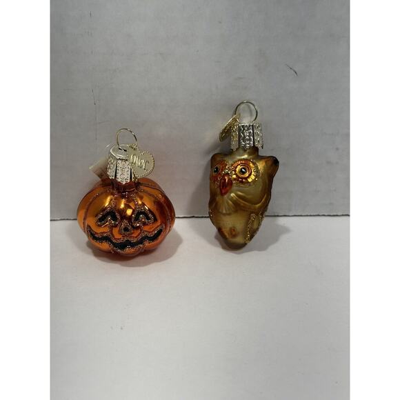 Old World Christmas Glass Christmas Ornament OWC Small Pumpkin + Owl Both RARE - Picture 1 of 8